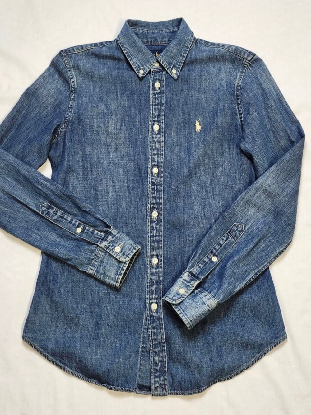 Ralph Lauren Chambray Fitted Button Down Womens Small Blue Denim Slim Fit Pony